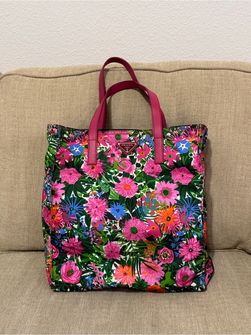 Prada Multicolor Floral Canvas Tote with Pink Handles